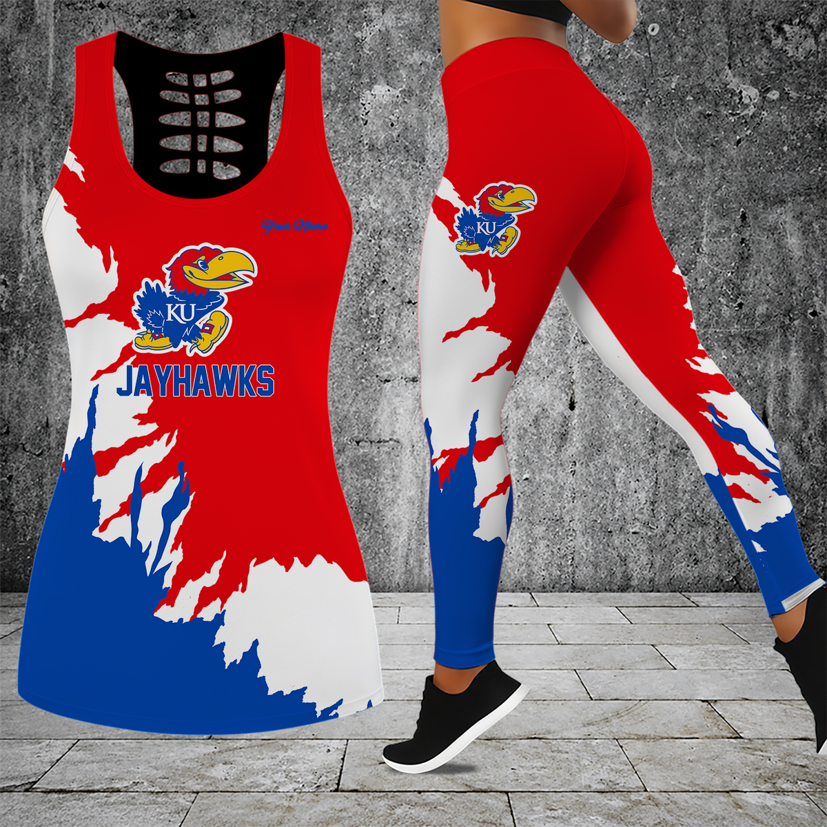 [FAN FAVORITE] NEW CUSTOMIZED NCAA MAM01 KSJ KANSAS JAYHAWKS STRAPPY HOLLOW TANK TOP & LEGGINGS SET