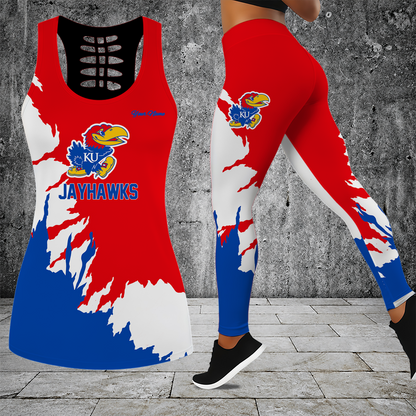 [FAN FAVORITE] NEW CUSTOMIZED NCAA MAM01 KSJ KANSAS JAYHAWKS STRAPPY HOLLOW TANK TOP & LEGGINGS SET