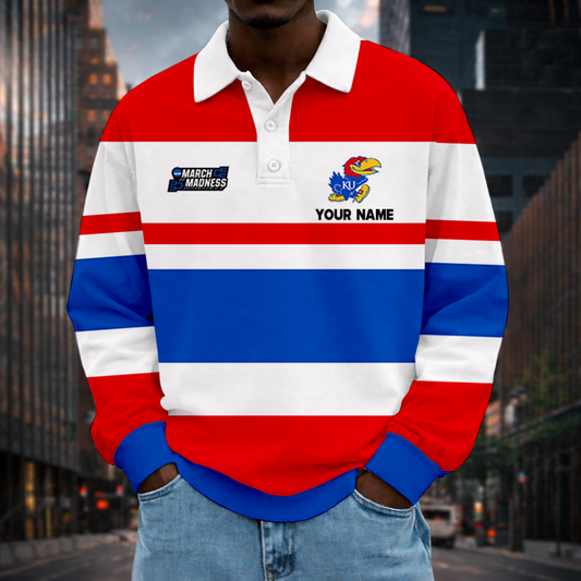 MEGA SALE - NEW CUSTOMIZED MAM NCAA01 KSJ KS JAYHAWKS UNISEX LONG SLEEVE POLO