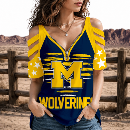 [FAN FAVORITE] NEW CUSTOMIZED NCAA MAM02 MIW MICHIGAN WOLVERINES STRAPPY COLD-SHOULDER TOP