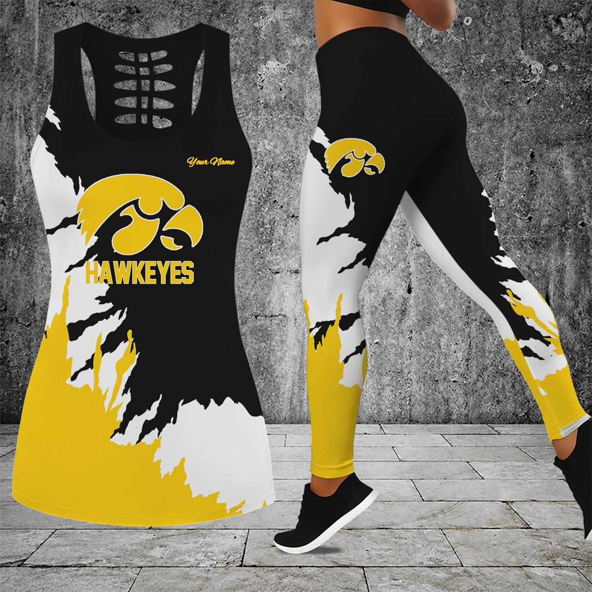 [FAN FAVORITE] NEW CUSTOMIZED NCAA CFH04 IWH IOWA HAWKEYES HOLLOW TANK TOP & LEGGINGS SET