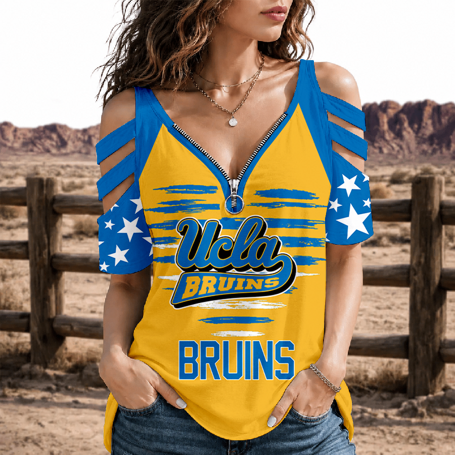 [FAN FAVORITE] NEW CUSTOMIZED NCAA MAM04 UCB UCLA BRUINS STRAPPY COLD-SHOULDER TOP