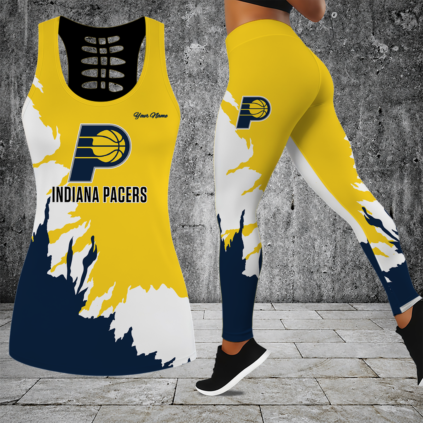 [HOT DEAL] NEW CUSTOMIZED NBA06 IPA INDIANA PACERS HOLLOW TANK TOP & LEGGINGS SET