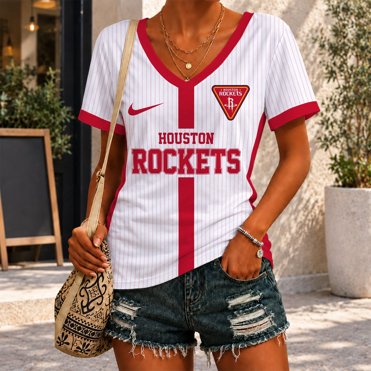 [HOT DEAL] NEW CUSTOMIZED NBA07 HRO HOUSTON ROCKETS V-NECK FEMALE SHIRT