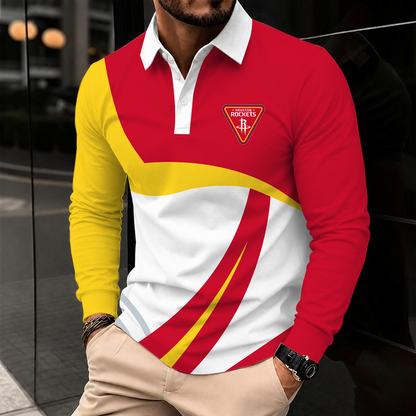 [HOT DEAL] NEW CUSTOMIZED NBA07 HRO HOUSTON ROCKETS MEN LONG SLEEVE POLO