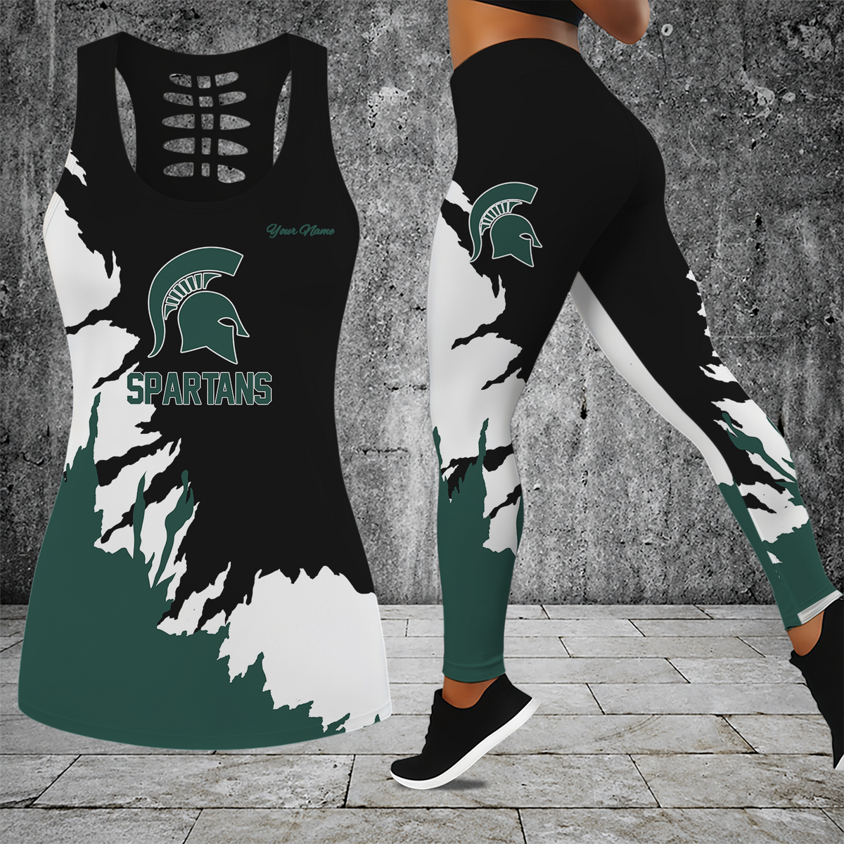 [FAN FAVORITE] NEW CUSTOMIZED NCAA MAM07 MSS MICHIGAN STATE SPARTANS STRAPPY HOLLOW TANK TOP & LEGGINGS SET
