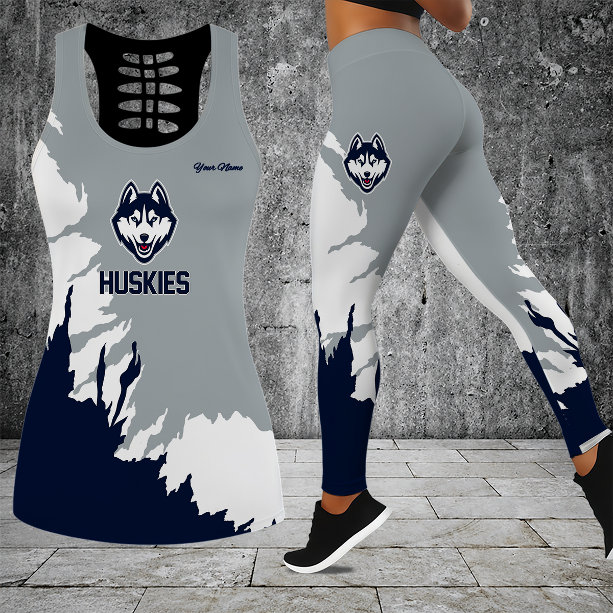 [FAN FAVORITE] NEW CUSTOMIZED NCAA CFH07 UCH UCONN HUSKIES HOLLOW TANK TOP & LEGGINGS SET