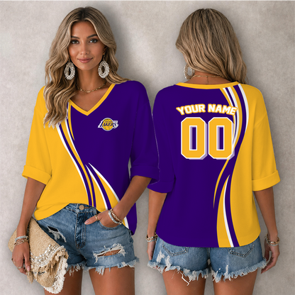 [HOT DEAL] NEW CUSTOMIZED NBA09 LLA LOS ANGELES LAKERS WOMEN'S HEART V-NECK LONG SLEEVE SHIRT