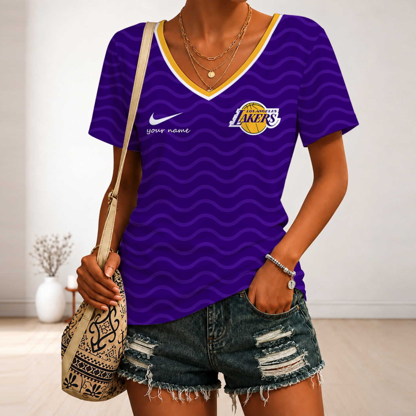 [HOT DEAL] NEW CUSTOMIZED NBA09 LLA LOS ANGELES LAKERS V-NECK FEMALE SHIRT