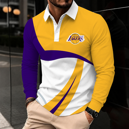 [HOT DEAL] NEW CUSTOMIZED NBA09 LLA LOS ANGELES LAKERS MEN LONG SLEEVE POLO