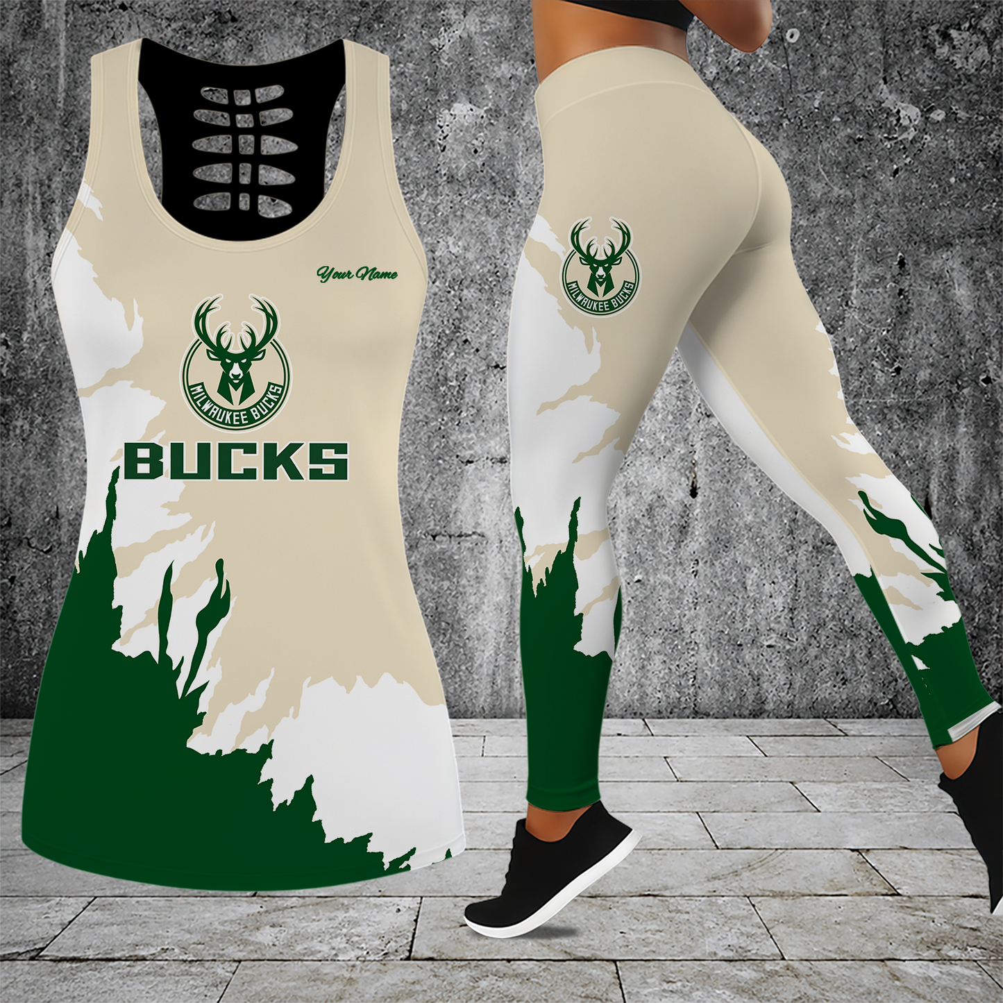 [HOT DEAL] NEW CUSTOMIZED NBA11 MBU MILWAUKEE BUCKS HOLLOW TANK TOP & LEGGINGS SET
