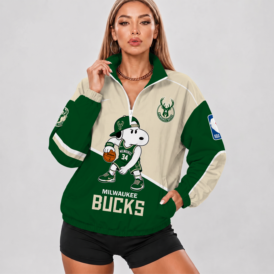 [HOT DEAL] NEW CUSTOMIZED NBA11 MBU MILWAUKEE BUCKS V-NECK ZIPPER SWEATSHIRT JACKET