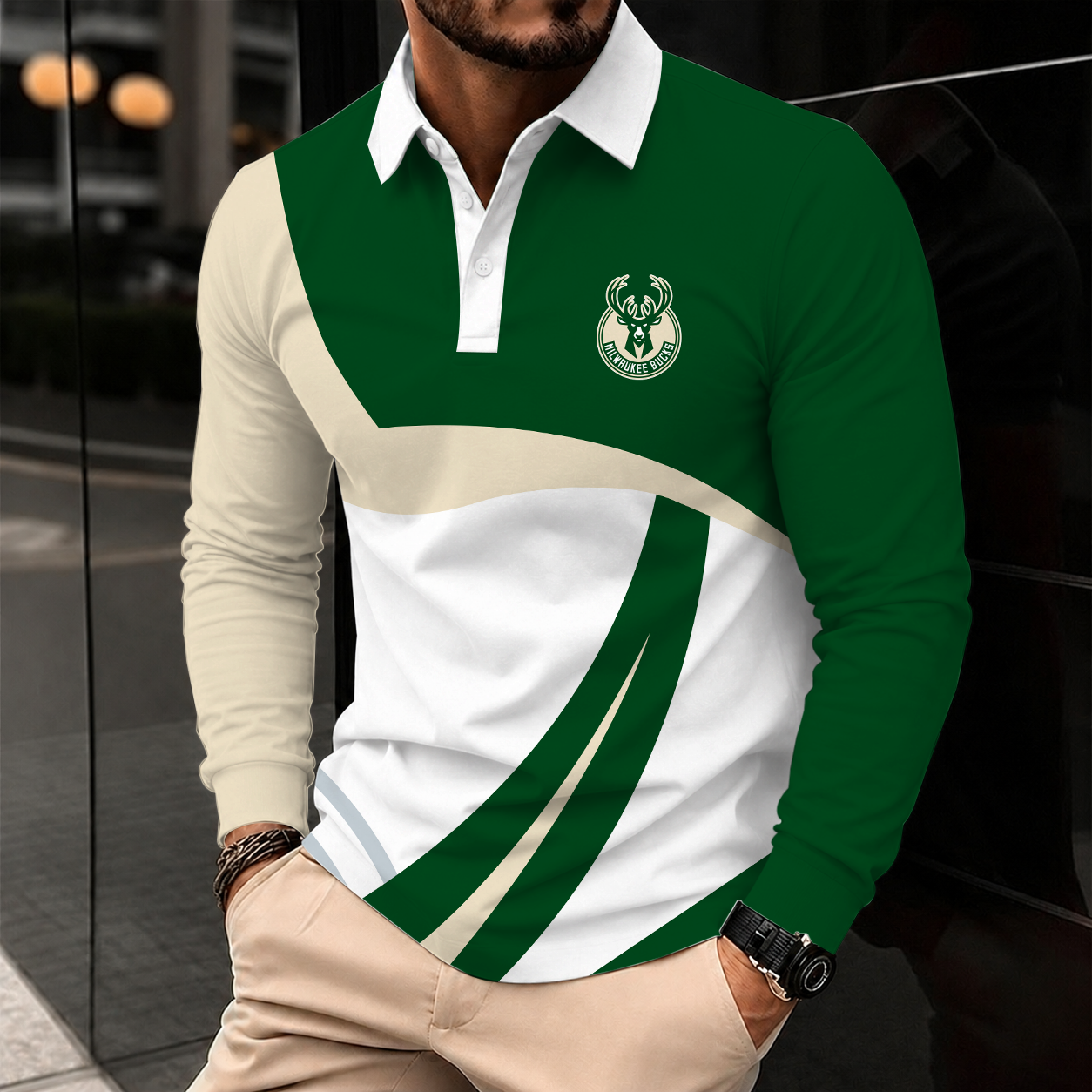 [HOT DEAL] NEW CUSTOMIZED NBA11 MBU MILWAUKEE BUCKS MEN LONG SLEEVE POLO