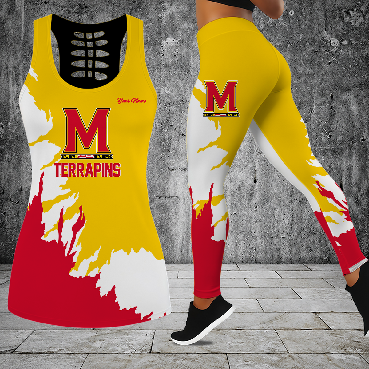 [FAN FAVORITE] NEW CUSTOMIZED NCAA MAM11 MLT MARYLAND TERRAPINS STRAPPY HOLLOW TANK TOP & LEGGINGS SET