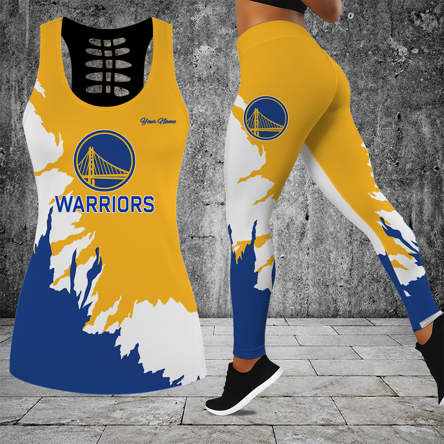 [HOT DEAL] NEW CUSTOMIZED NBA12 GSW GOLDEN STATE WARRIORS HOLLOW TANK TOP & LEGGINGS SET