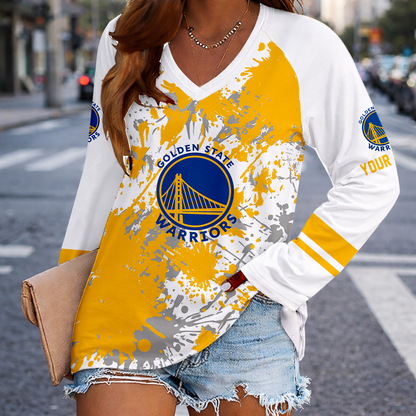 [HOT DEAL] NEW CUSTOMIZED NBA12 GSW GOLDEN STATE WARRIORS WOMEN'S V-NECK LONG SLEEVED SHIRT
