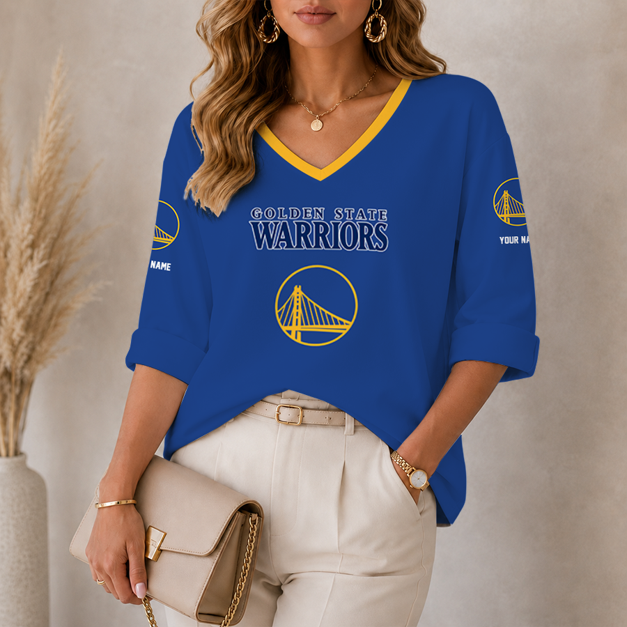 [HOT DEAL] NEW CUSTOMIZED NBA12 GSW GOLDEN STATE WARRIORS WOMEN'S HEART V-NECK LONG SLEEVE SHIRT