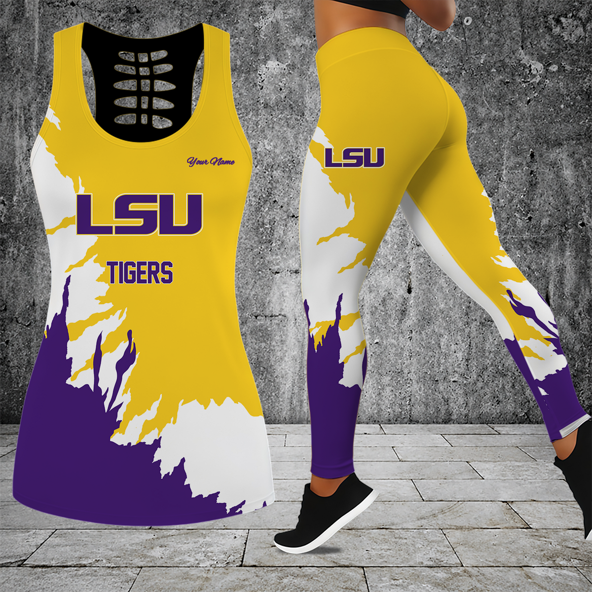 [FAN FAVORITE] NEW CUSTOMIZED NCAA MAM13 LST LSU TIGERS STRAPPY HOLLOW TANK TOP & LEGGINGS SET