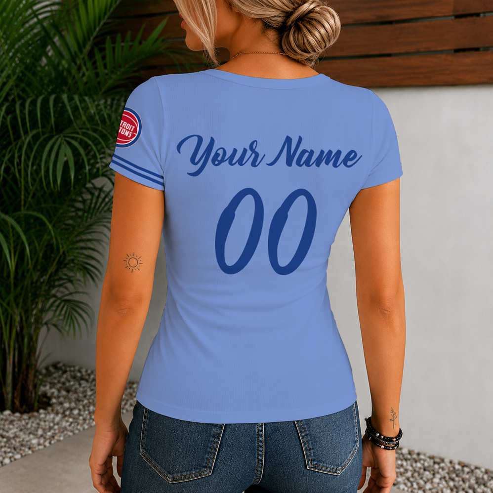 [HOT DEAL] NEW CUSTOMIZED NBA14 DPI DETROIT PISTONS  WOMEN'S SHORT SLEEVE HENLEY T-SHIRT