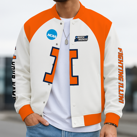 LIMITED DROP - NEW CUSTOMIZED | NCAA MAM15 IFI IL FIGHTING ILLINI BASEBALL JACKET, SATIN VARSITY JACKET