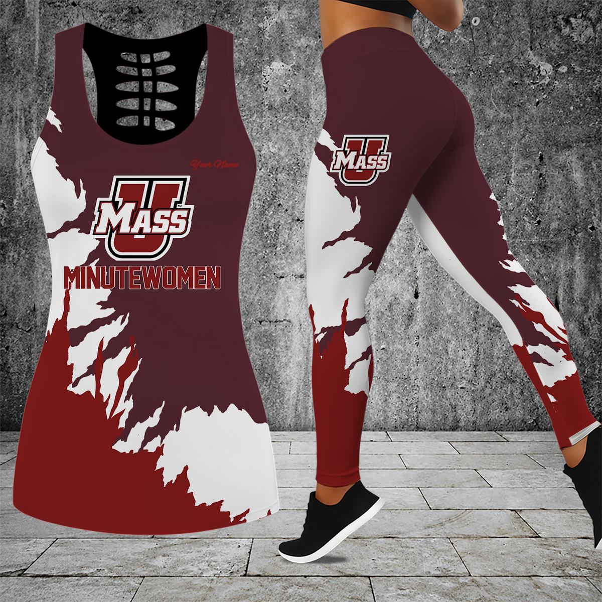 [FAN FAVORITE] NEW CUSTOMIZED NCAA CFH15 UMM UMASS MINUTEWOMEN HOLLOW TANK TOP & LEGGINGS SET