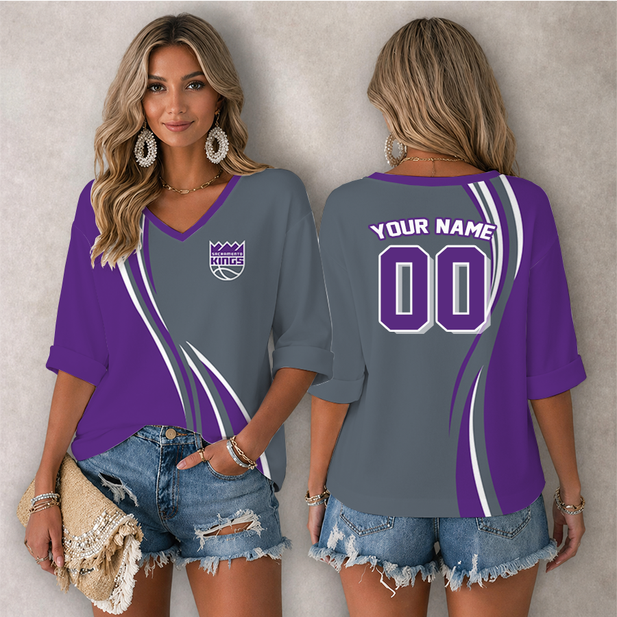 [HOT DEAL] NEW CUSTOMIZED NBA16 SKI SACRAMENTO KINGS WOMEN'S HEART V-NECK LONG SLEEVE SHIRT
