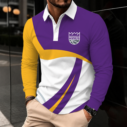 [HOT DEAL] NEW CUSTOMIZED NBA16 SKI SACRAMENTO KINGS MEN LONG SLEEVE POLO