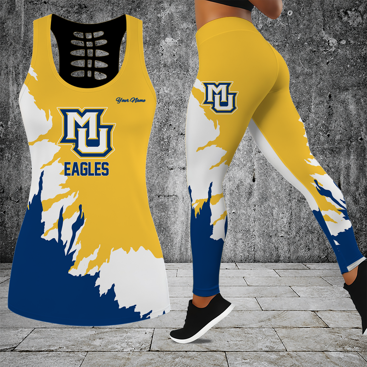 [FAN FAVORITE] NEW CUSTOMIZED NCAA MAM17 MGE MARQUETTE GOLDEN EAGLES STRAPPY HOLLOW TANK TOP & LEGGINGS SET