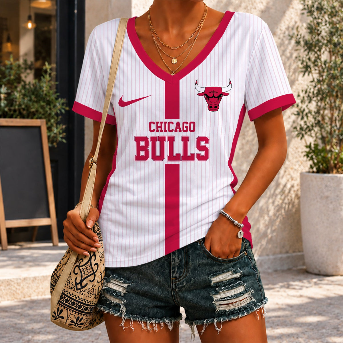 [HOT DEAL] NEW CUSTOMIZED NBA19 CBU CHICAGO BULLS V-NECK FEMALE SHIRT