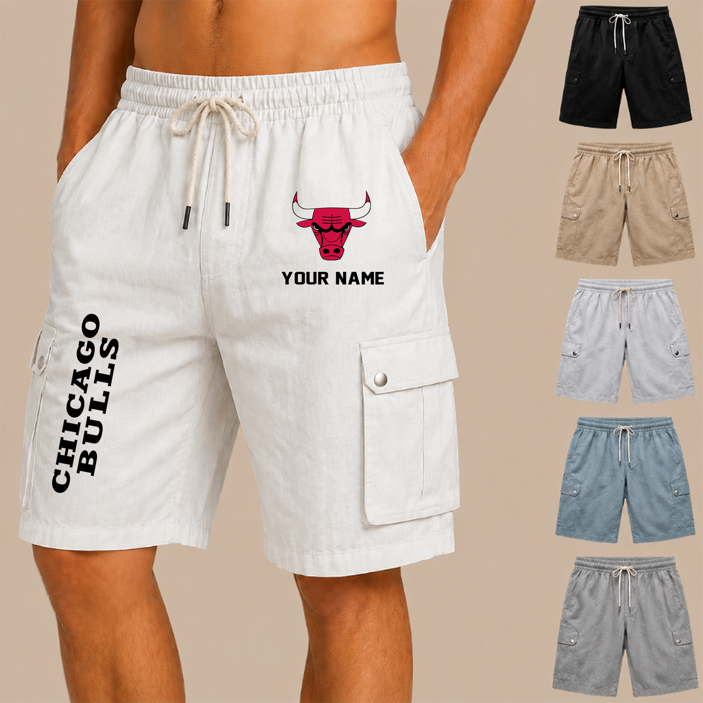 [HOT DEAL] NEW CUSTOMIZED NBA19 CBU CHICAGO BULLS MEN'S DRAWSTRING CARGO SHORTS