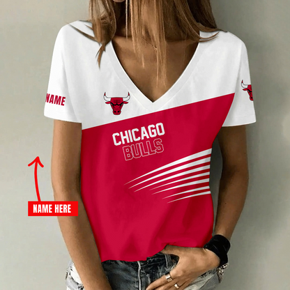 [HOT DEAL] NEW CUSTOMIZED NBA19 CBU CHICAGO BULLS V-NECK FEMALE SHIRT