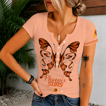 [HOT DEAL] NEW CUSTOMIZED NBA21 PSU PHOENIX SUNS  WOMEN'S SHORT SLEEVE HENLEY T-SHIRT