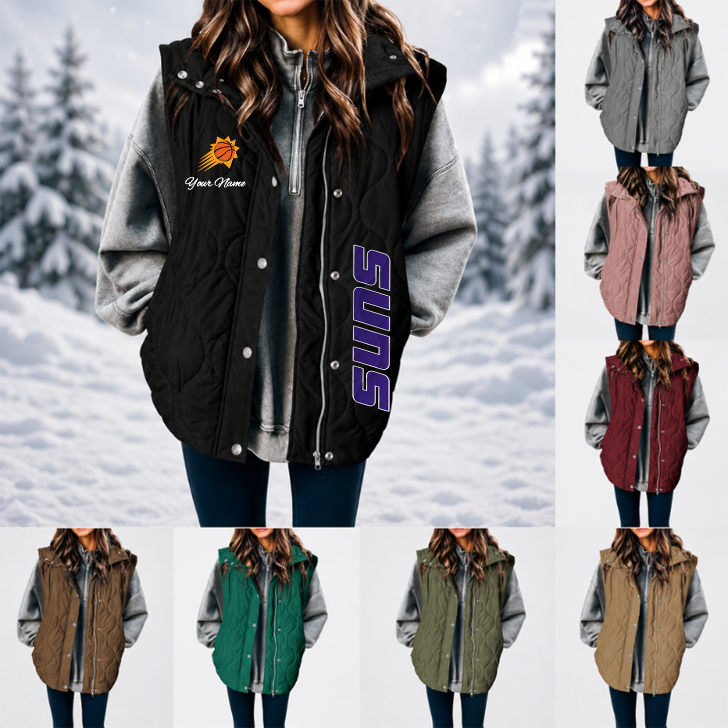 [HOT DEAL] NEW CUSTOMIZED NBA21 PSU PHOENIX SUNS WOMEN'S MULTICOLOR SLEEVELESS PUFFER COAT