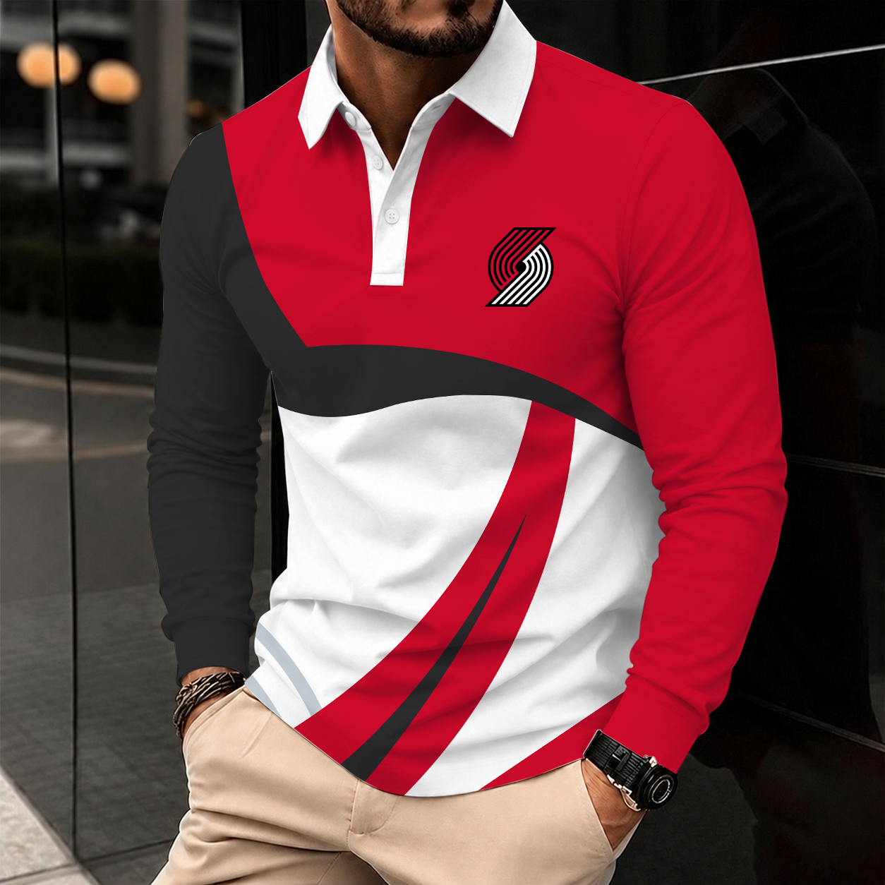 [HOT DEAL] NEW CUSTOMIZED NBA22 PTB PORTLAND TRAIL BLAZERS MEN LONG SLEEVE POLO