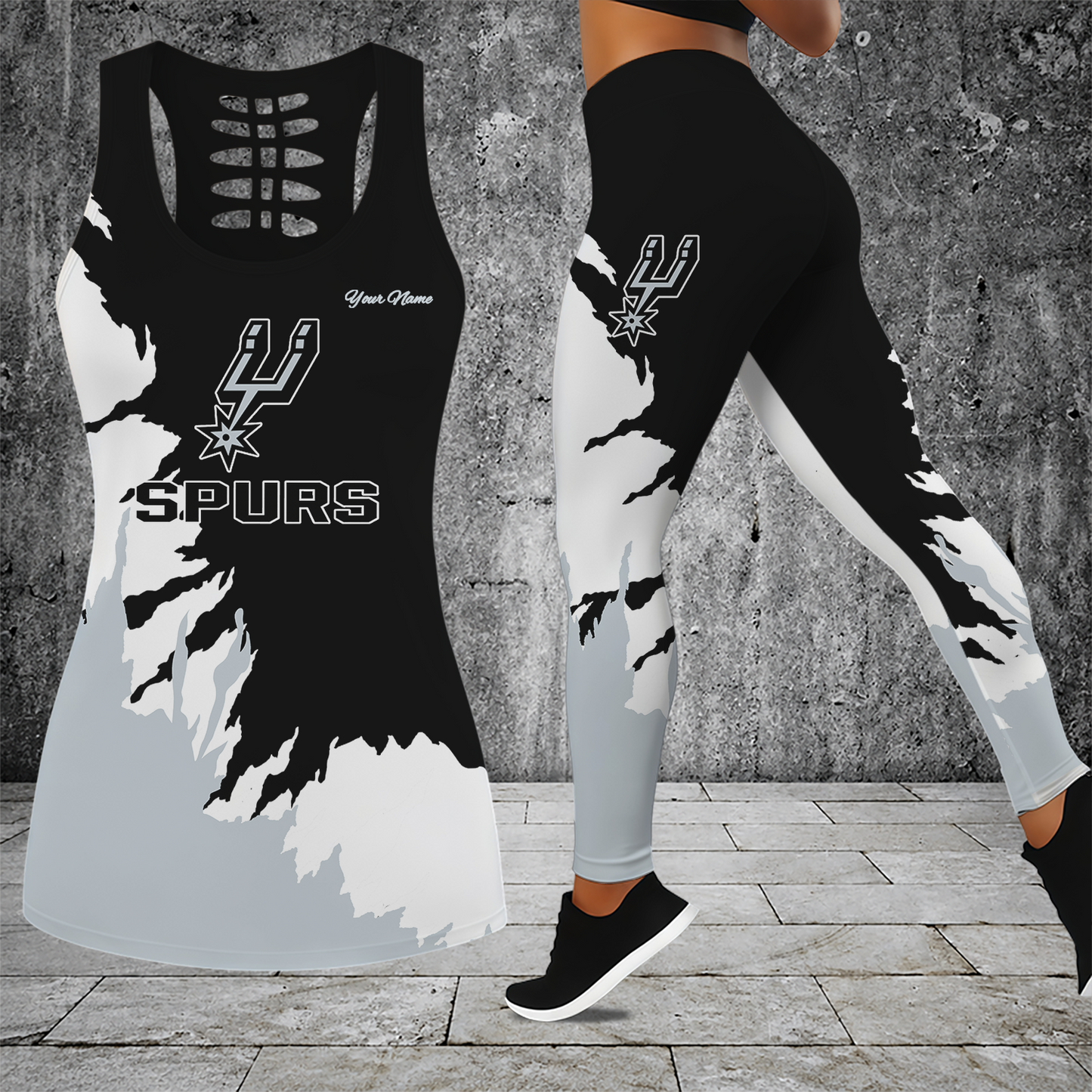 [HOT DEAL] NEW CUSTOMIZED NBA23 SAS SAN ANTONIO SPURS HOLLOW TANK TOP & LEGGINGS SET
