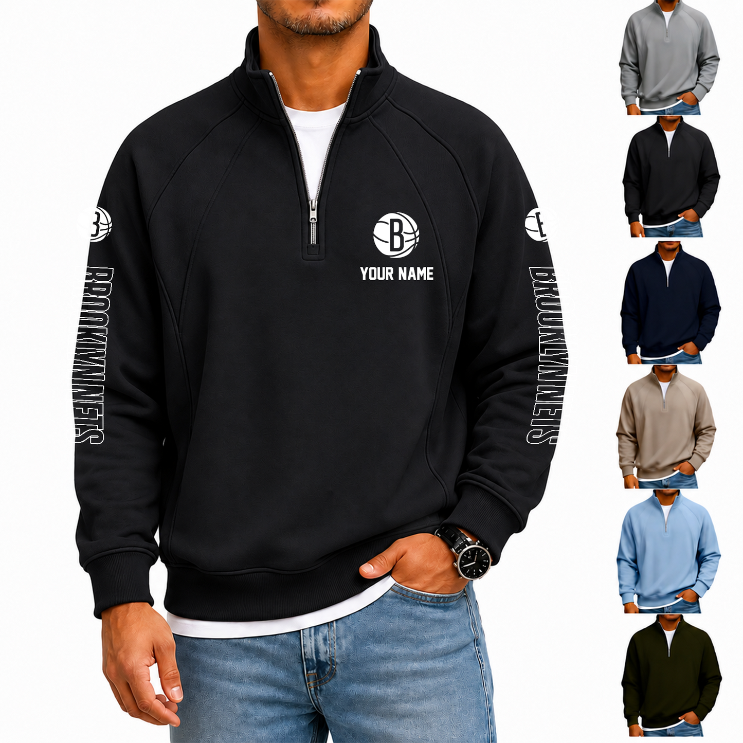 [HOT DEAL] NEW CUSTOMIZED NBA25 BNE BROOKLYN NETS  MEN'S QUARTER ZIP PULLOVER