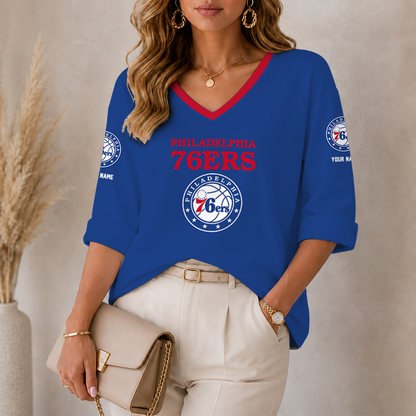 [HOT DEAL] NEW CUSTOMIZED NBA26 P76 PHILADELPHIA 76ERS WOMEN'S HEART V-NECK LONG SLEEVE SHIRT