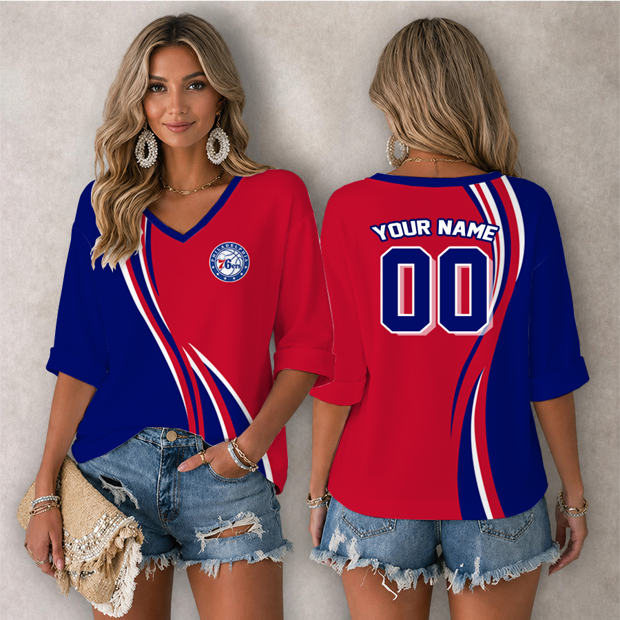 [HOT DEAL] NEW CUSTOMIZED NBA26 P76 PHILADELPHIA 76ERS WOMEN'S HEART V-NECK LONG SLEEVE SHIRT