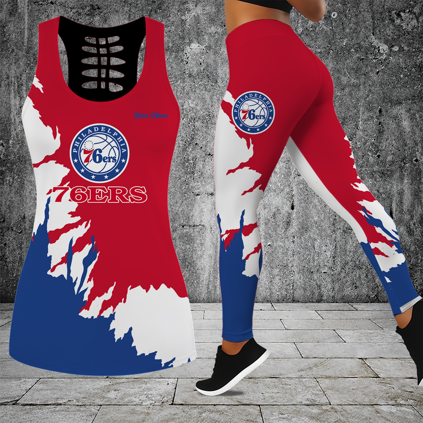 [HOT DEAL] NEW CUSTOMIZED NBA26 P76 PHILADELPHIA 76ERS HOLLOW TANK TOP & LEGGINGS SET