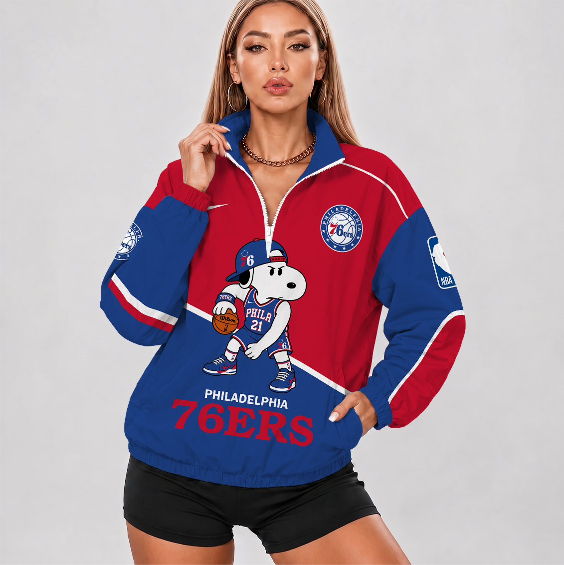 [HOT DEAL] NEW CUSTOMIZED NBA26 P76 PHILADELPHIA 76ERS V-NECK ZIPPER SWEATSHIRT JACKET