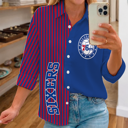 [HOT DEAL] NEW CUSTOMIZED NBA26 P76 PHILADELPHIA 76ERS WOMEN CASUAL SHIRT FOR FAN