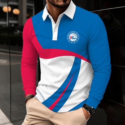 [HOT DEAL] NEW CUSTOMIZED NBA26 P76 PHILADELPHIA 76ERS MEN LONG SLEEVE POLO