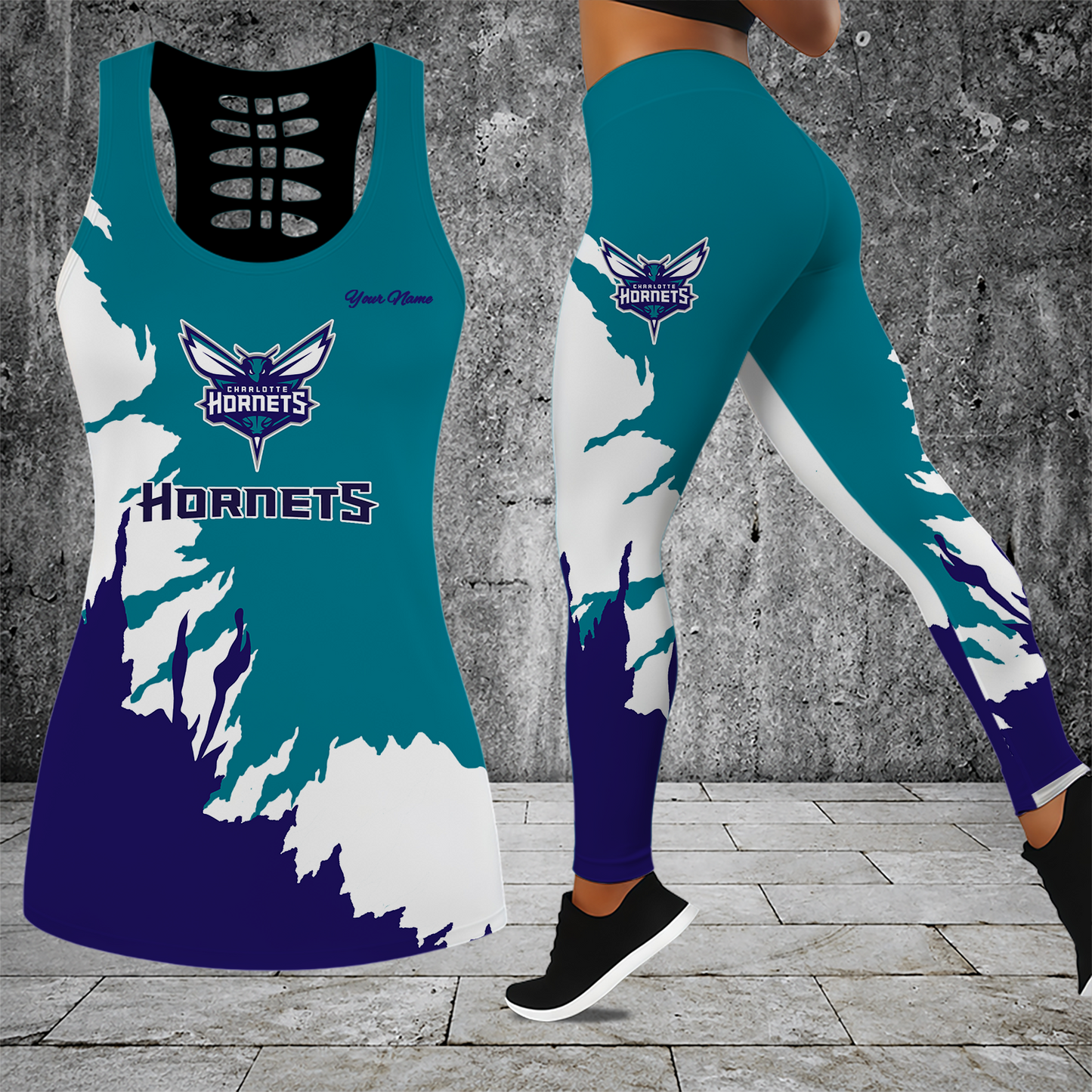 [HOT DEAL] NEW CUSTOMIZED NBA27 CHO CHARLOTTE HORNETS HOLLOW TANK TOP & LEGGINGS SET
