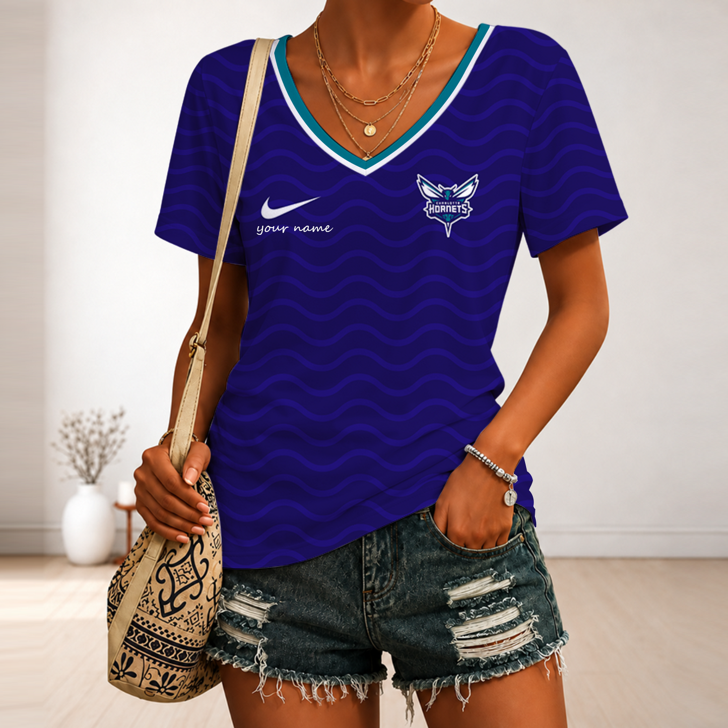 [HOT DEAL] NEW CUSTOMIZED NBA27 CHO CHARLOTTE HORNETS V-NECK FEMALE SHIRT