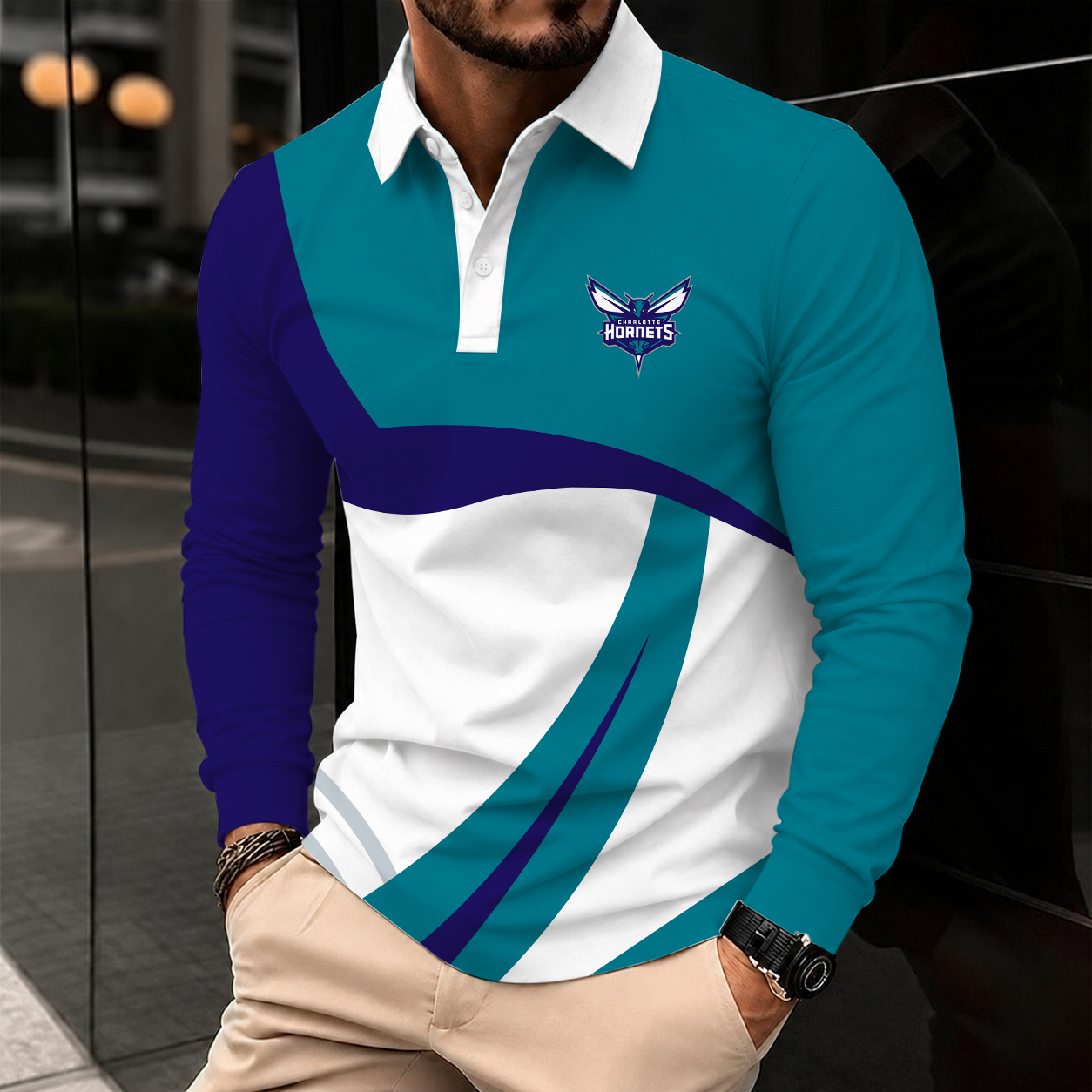 [HOT DEAL] NEW CUSTOMIZED NBA27 CHO CHARLOTTE HORNETS MEN LONG SLEEVE POLO