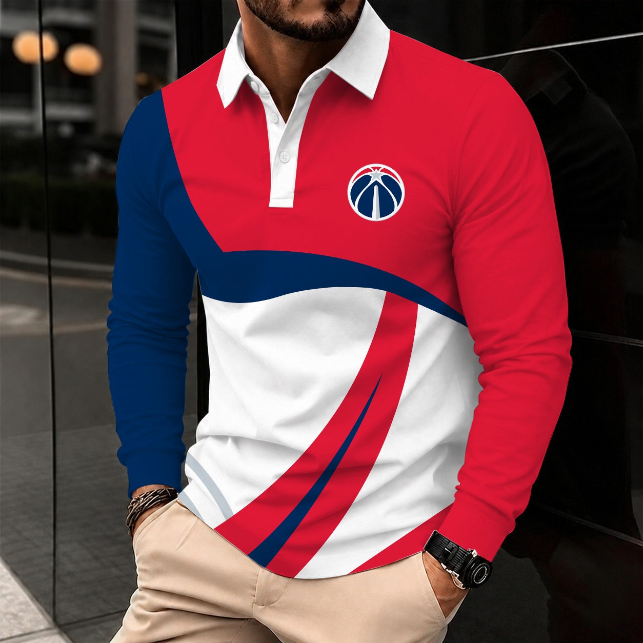 [HOT DEAL] NEW CUSTOMIZED NBA28 WWI WASHINGTON WIZARDS MEN LONG SLEEVE POLO