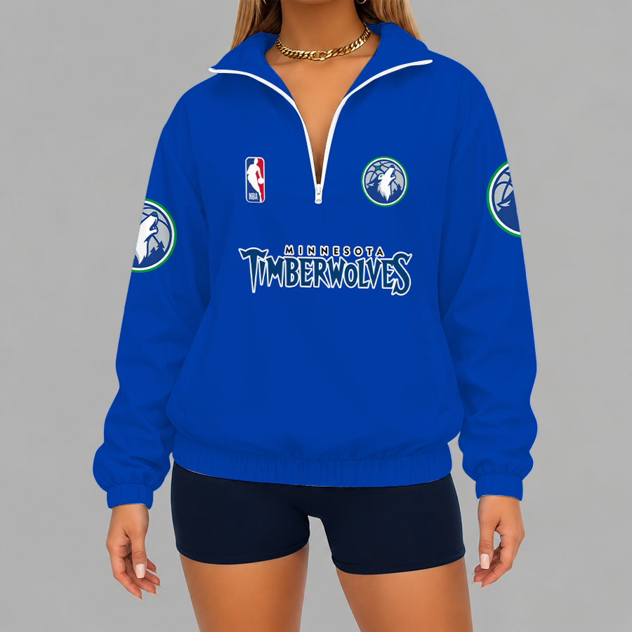 [HOT DEAL] NEW CUSTOMIZED NBA05 MTW MINNESOTA TIMBERWOLVES V-NECK ZIPPER SWEATSHIRT JACKET