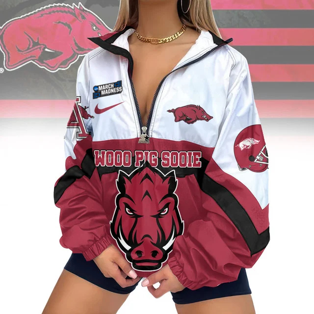 LIMITED EDITION - NEW CUSTOMIZED MAM NCAA06 AKR AK RAZORBACKS V-NECK ZIPPER SWEATSHIRT JACKET