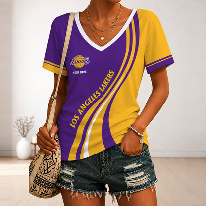 [HOT DEAL] NEW CUSTOMIZED NBA09 LLA LOS ANGELES LAKERS V-NECK FEMALE SHIRT