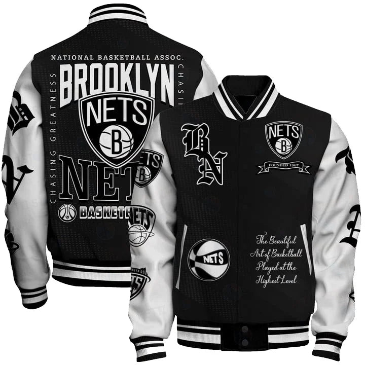 [HOT DEAL] NEW CUSTOMIZED NBA25 BNE BROOKLYN NETS BASEBALL JACKET, SATIN VARSITY JACKET